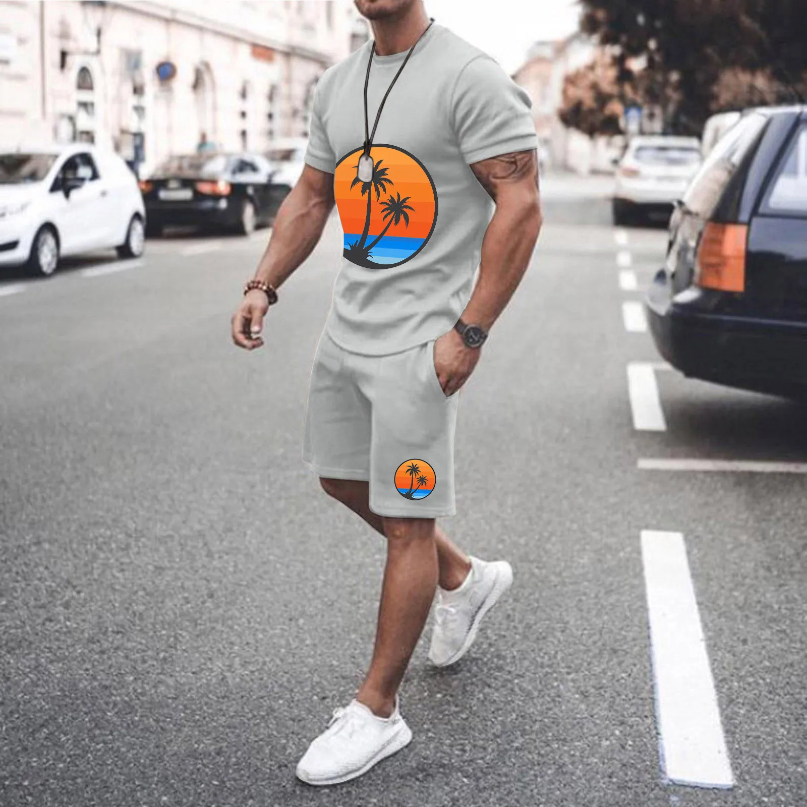 Male Hawaiian 2 Piece Set Coconut Tree Print Tops Quick Dry Shorts Men Sets Streetwear Ensemble Homme Dailywear Conjuntos