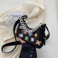 retro casual shopping bag fashion flowers women totes shoulder bags female quality leather solid color chain handbag for women