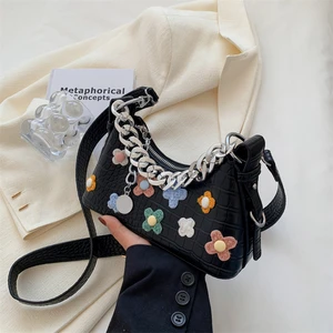 retro casual shopping bag fashion flowers women totes shoulder bags female quality leather solid color chain handbag for women free global shipping