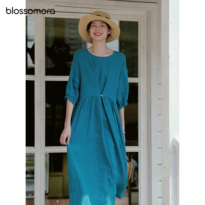 

Blossomora 2022 New Solid Cotton Linen Long Dress O-neck Loose Button Midi Dress Casual Streetwear Office Lady Vestidos Mujer