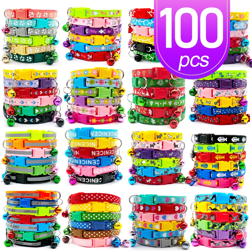 

wholesale 100Pcs cat collar with bell safety Leads For Pets Collar puppy kitten Small Dog Collar Adjustable Buckle Accessories