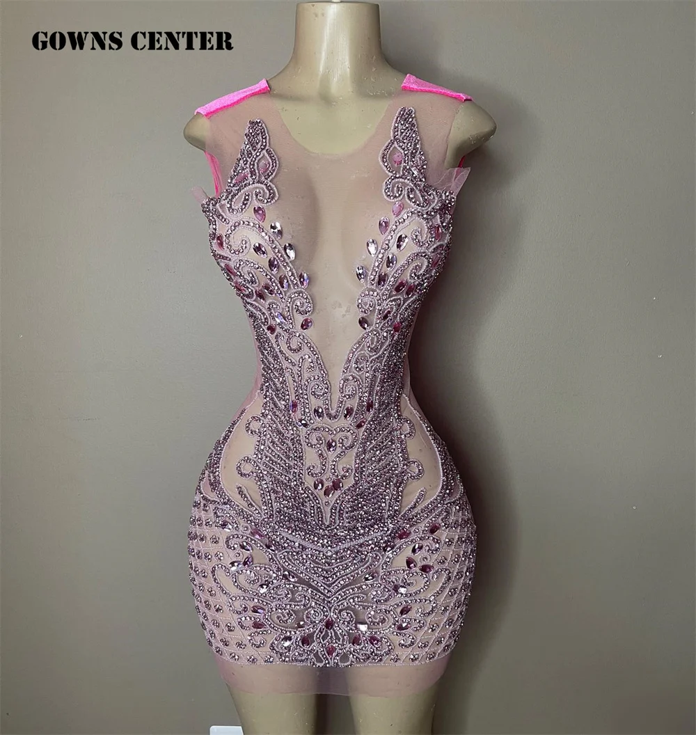 

Glitter 2023 Pink Diamond Prom Dress For Black Girls Luxury Crystal Birthday Party Rhinestones Cocktail African Robe De Bal