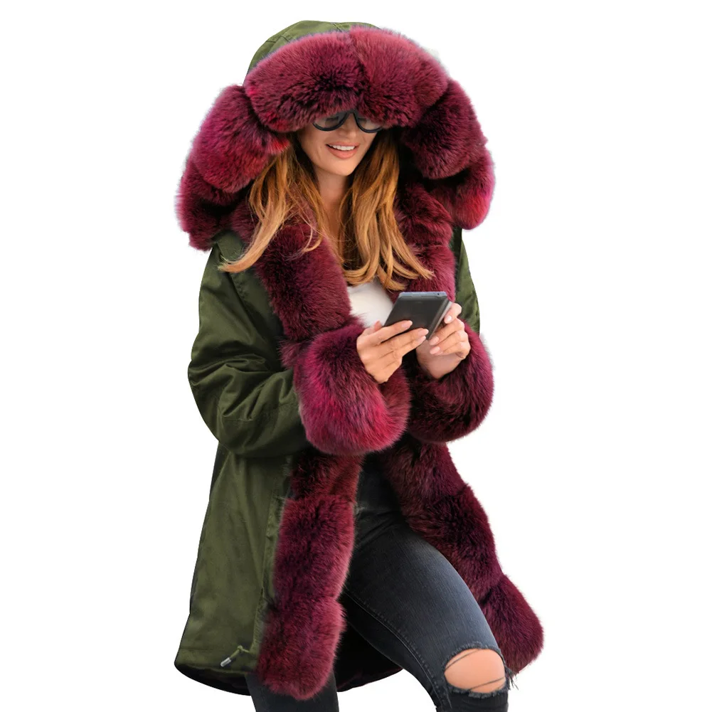 2022 winter new slim fit warm fur collar hooded coat women's padded coat pie to overcome plush fleece padded coat