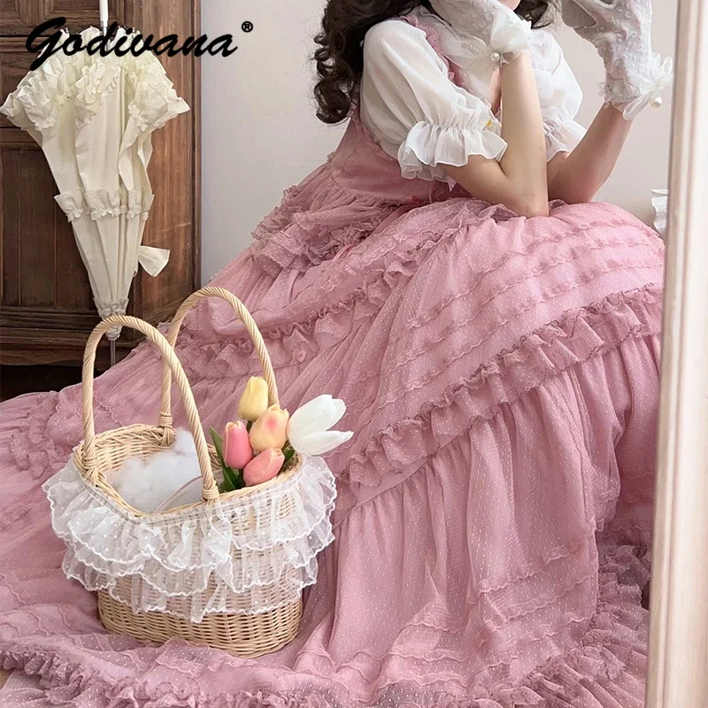 Женское милое розовое сетчатое кружевное многослойное длинное платье в горошек