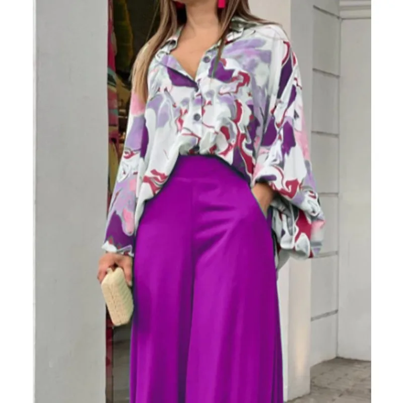

wo piece clothing set women's spring printed top wide leg pants sets women's loose fitting sets elegant office lady
