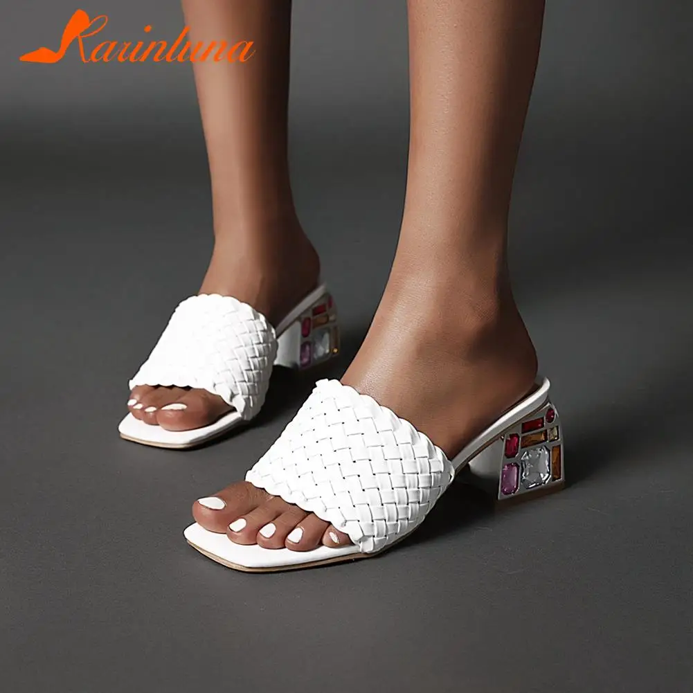 

Karinluna Fashion New Women Slippers White Open Toe Weave Square Med Heels Crystal Summer Female Slipper Elegant Plus Size 33-48