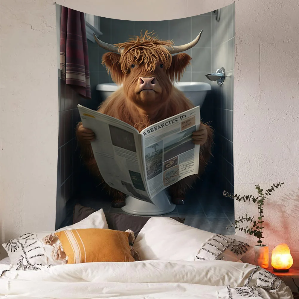 Забавная ванная комната юмористическое животное сидящее на туалете чтение