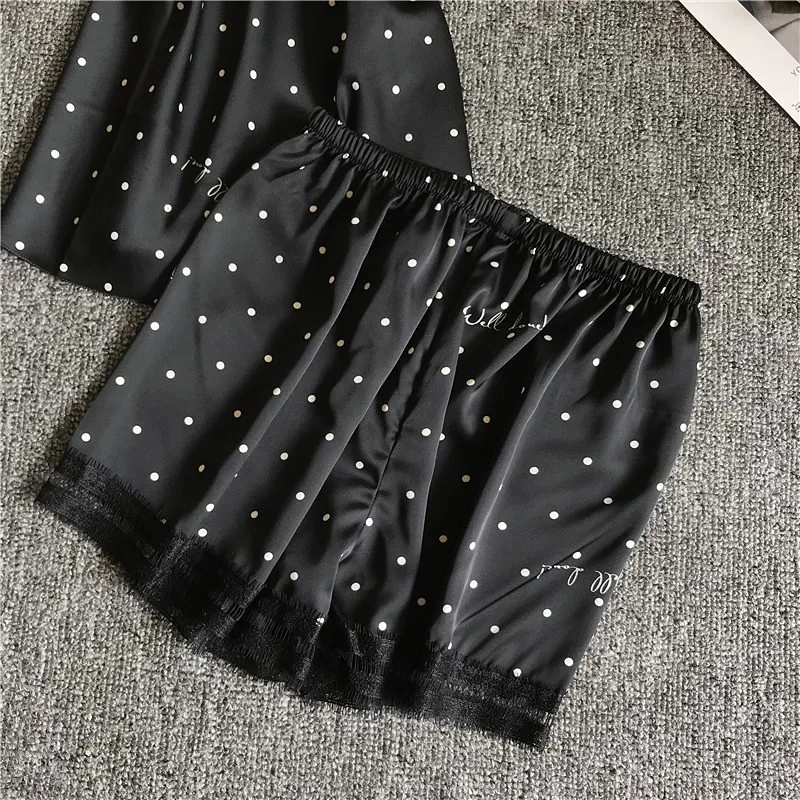 Women's Sleepwear 2 Pcs Sets Tops+Shorts Polka Dots Sexy Lace Satin Sleeveless V-neck Pyjama Sets With Pads