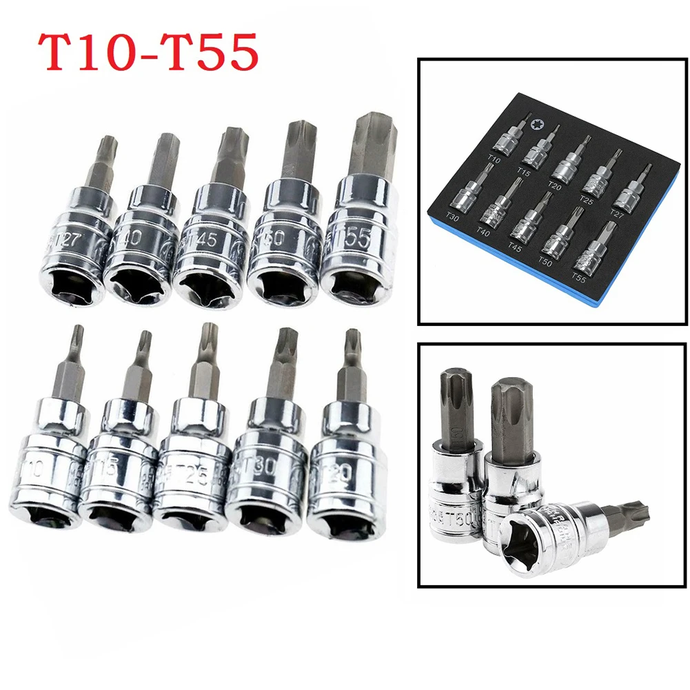 

Torx Bit 10PCS 3/8inch Socket Bits End Locks Onto Drive Hand Tool Notched Drive T10-T55 Torx Star Screwdriver Bit