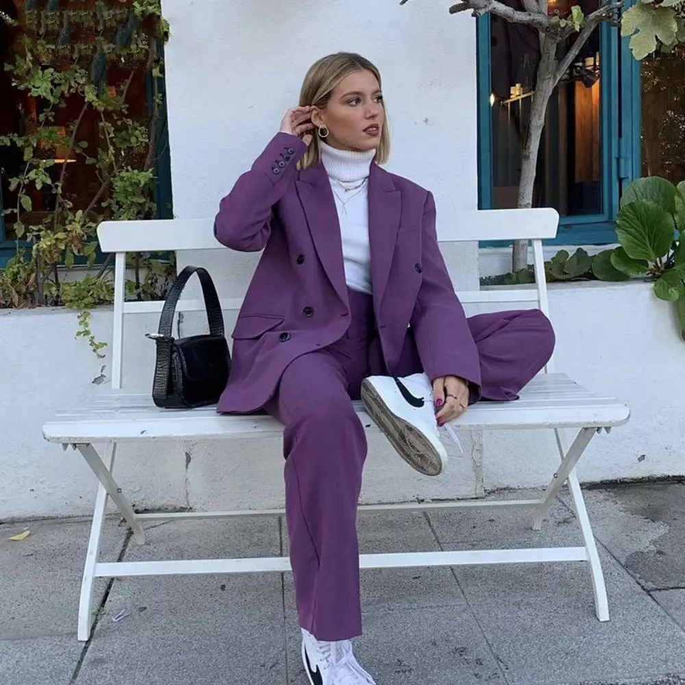 Loose Vintage Purple Women Pants Suits Peaked Lapel Wide Legs Trousers 2 Pieces Double Breasted Casual Fashion Young Blazer+Pant