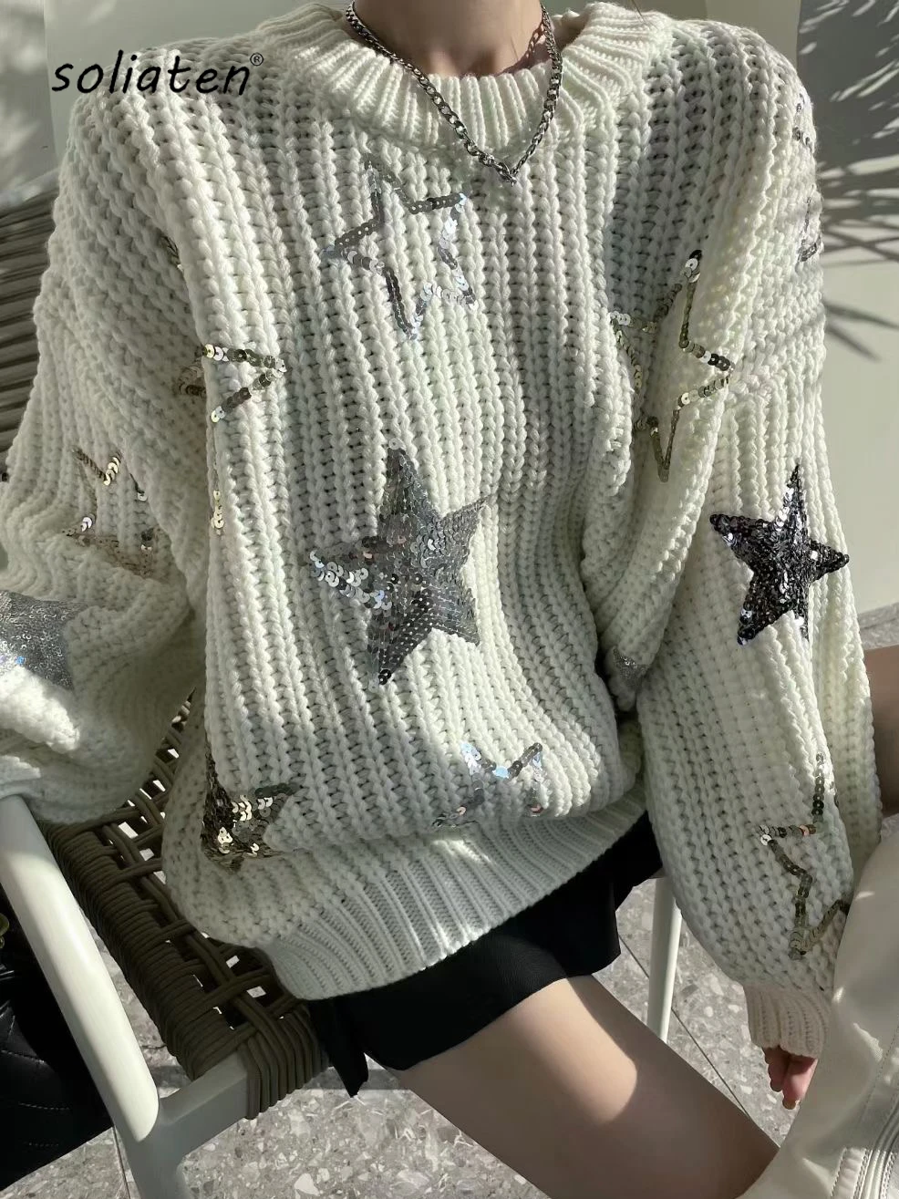 

2022 Women Sequined Star Coarse Wool Knitted Sweater Loose Round Neck Sequins Beading Pullovers Winter Thick Black Tops C-215