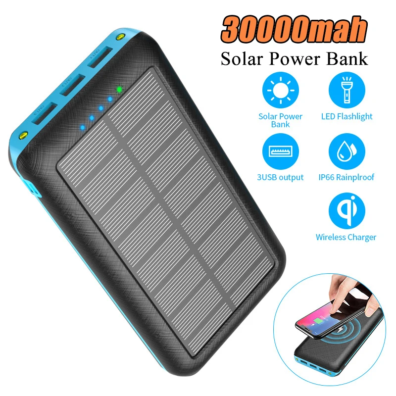 

30000mAh Solar Power Bank 3 USB Output Wireless Charger Powerbank Outdoor Portable Charger External Battery For iPhone Xiaomi 9