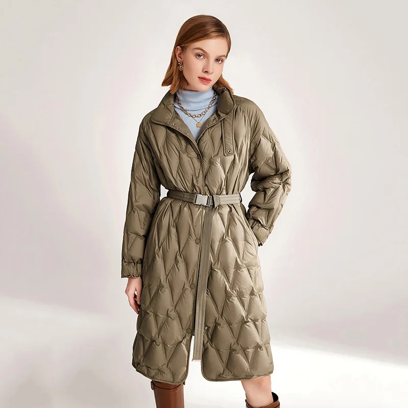 Thin Down Jacket Women 2022 New Winter Clothes Medium Long Belt Knee Length White Duck Down Coat