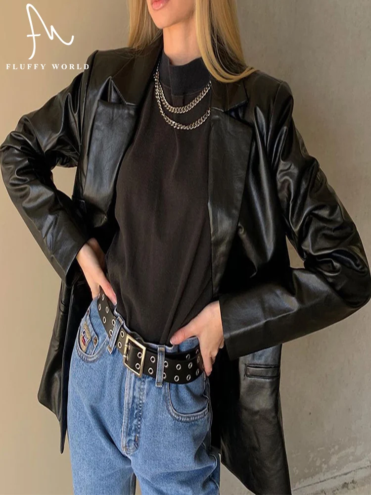 

PU Faux Leather Jacket Women Long and Short Biker Coat Turndown Collar Korean Style Female Faux Coat Outwear Black FLUFFY WORLD