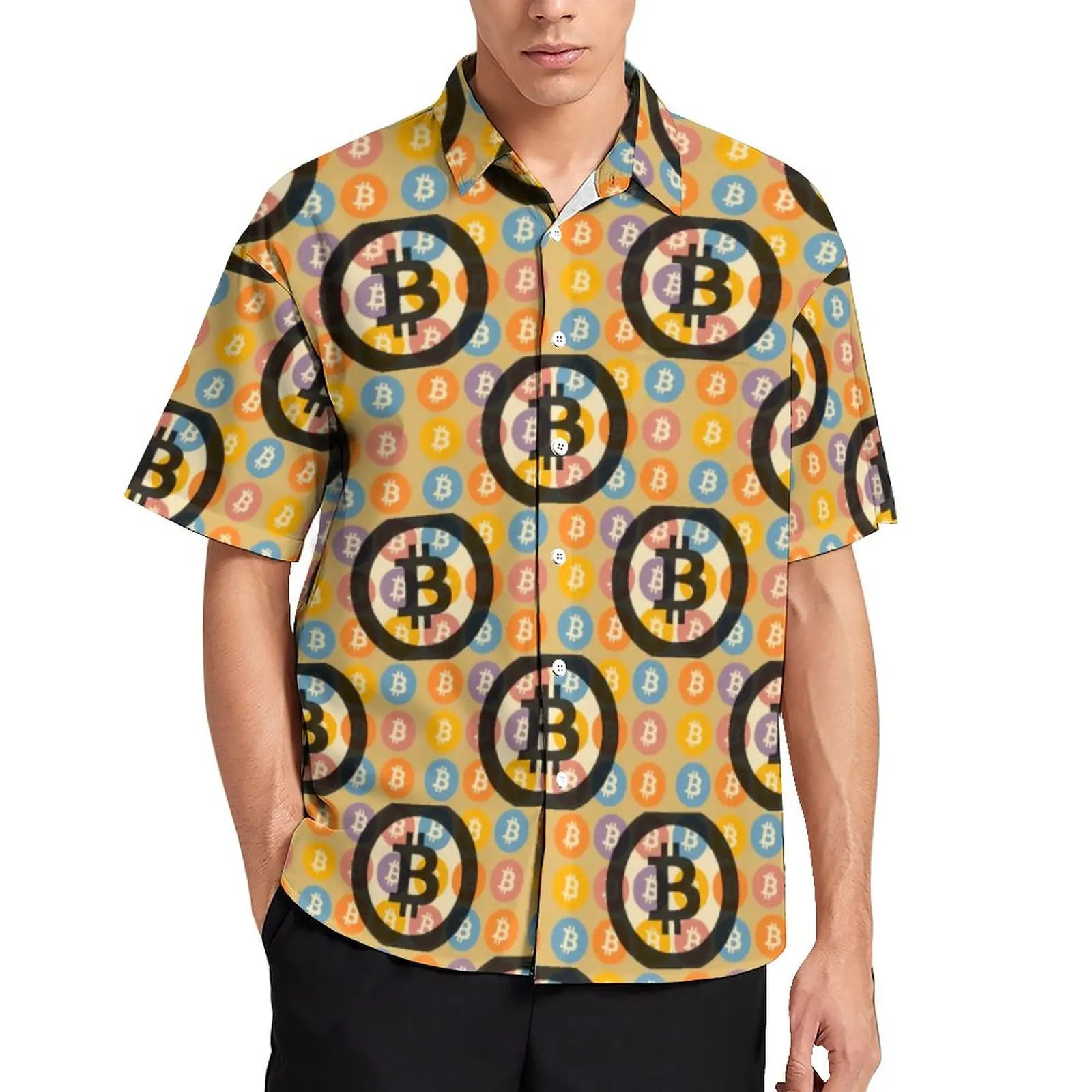 

Black Bitcoin Blouses Man Retro Coin Print Casual Shirts Hawaiian Short Sleeve Custom Cool Oversize Vacation Shirt Gift Idea