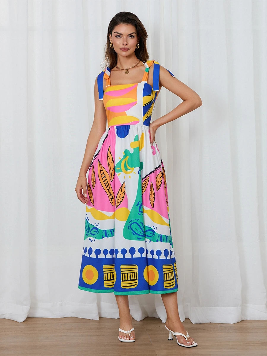 Женское летнее платье в богемном стиле без рукавов с завязками на плечах и