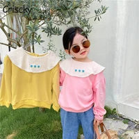 criscky 2022 fashion spring child teenage hoodies lotus leaf collar embroidery kids baby girl patchwork sweatershirts