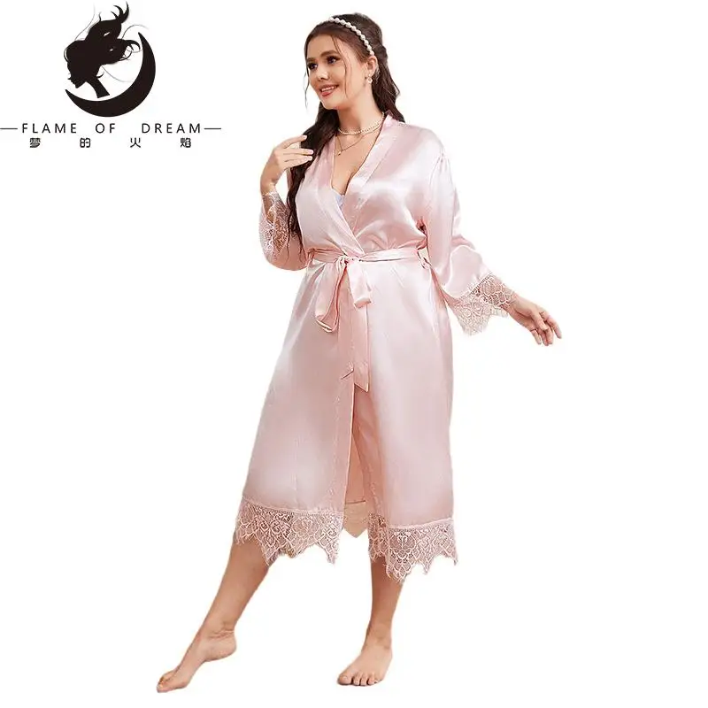 Flame Of Dream Plus Size Summer Nightrobe Simple Casual Cardigan Nightwear  Home Clothes  Bathrobe Ice Silk Nightdress 221459
