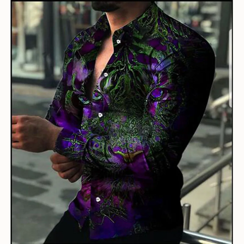 

Spring And Autumn Men's Shirts Fashion Leopard 3D Printing Shirt Luxury Ball Party Lapel Long Sleeve Shirts Tide Brand Tops