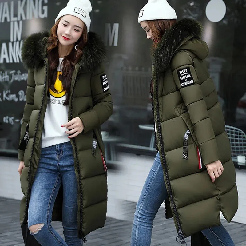 

Women's Jacket Parka Down Cotton Parkas Winter Jacket Fur Collar Hooded Parkas Overcoat Thick Slim Long Coat Outerwear