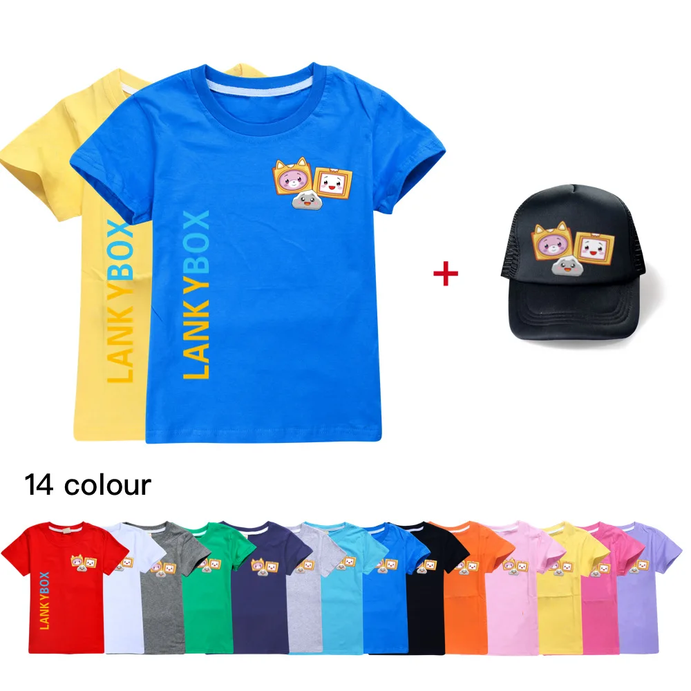 

New Summer Lankybox T Shirt Children Kawaii Cartoon 3D T-shirt For Boys Girls Kids Clothing Unisex Short Sleeves+sun hat