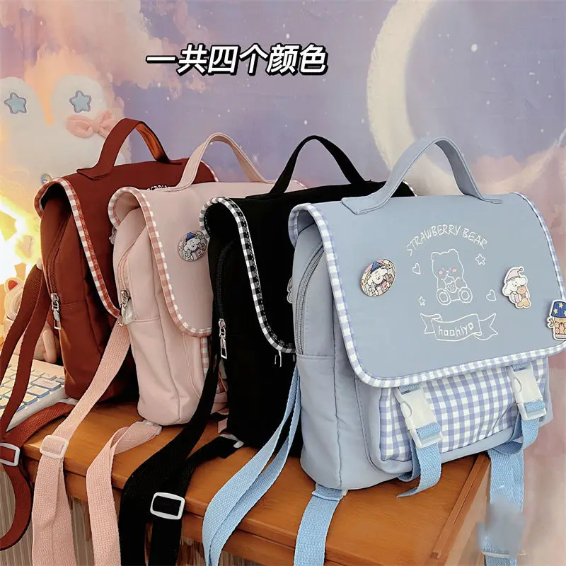 2023 Japanese Style JK Uniform Backpacks Kawaii Bear Embroidery Women Shoulder Bag 4 Colors Zipper Bag Female with Cartoon Badge