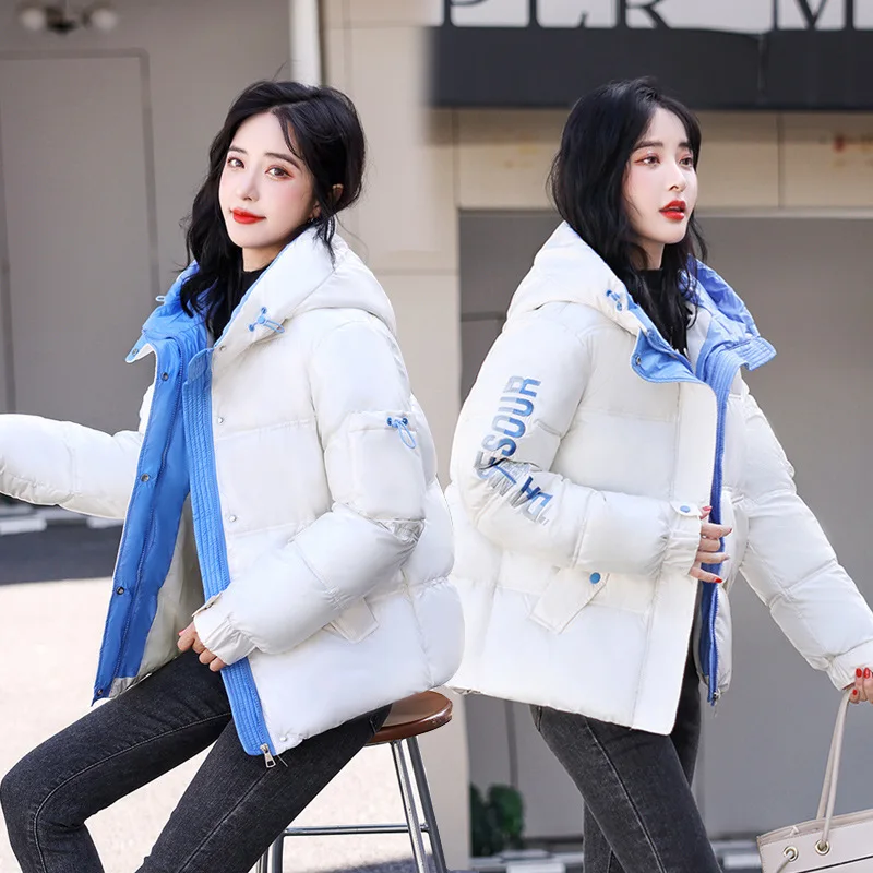 

New contrasting color, fashionable temperament, warm down cotton short British letter hooded cotton jacket