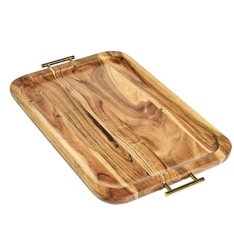 

Wood Rectangle Tray with Gold Color Handles, One Size