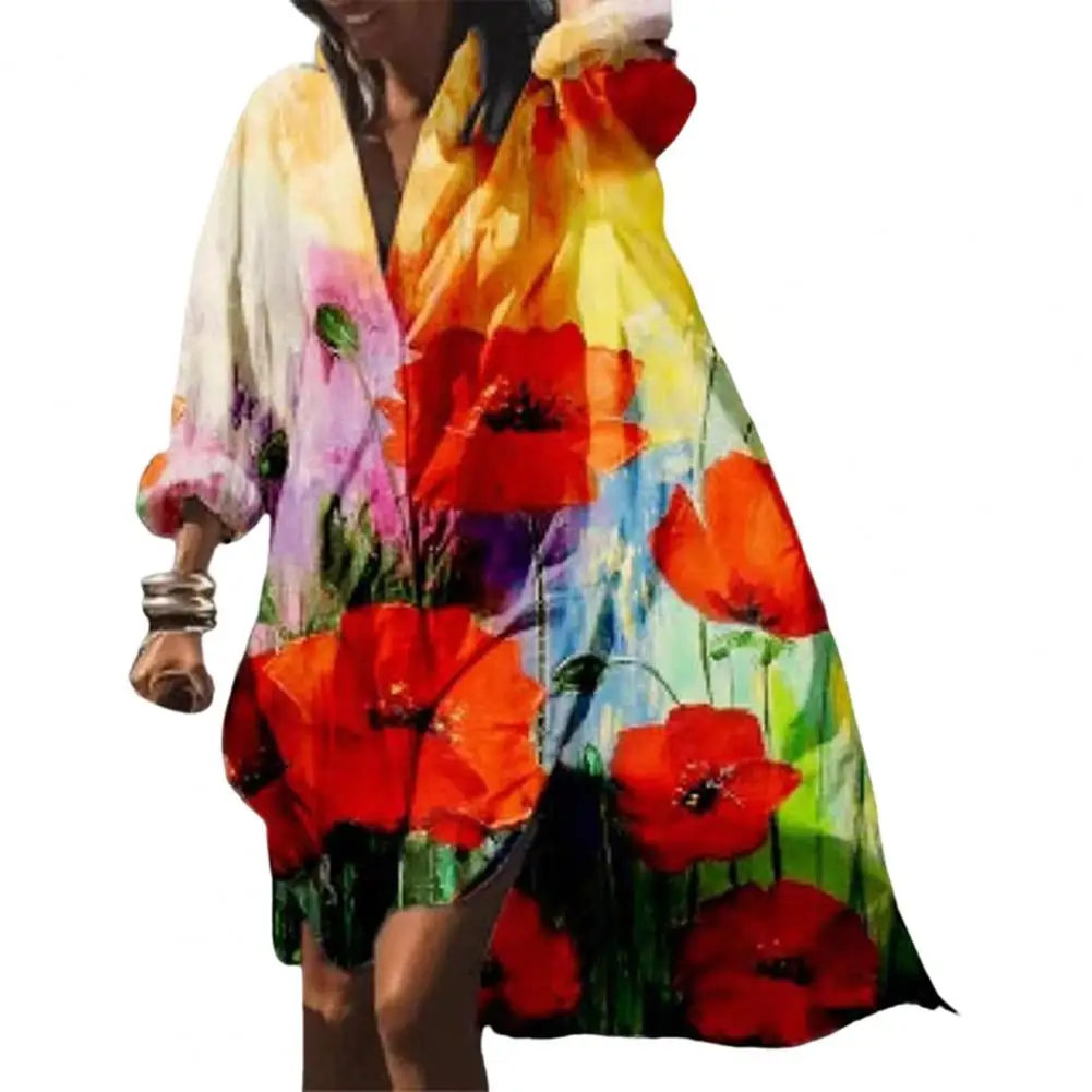 

Summer Dress Colorful Flower Print Cardigan Turn-down Collar Women Dress Female Clothes Women Dress Shirt