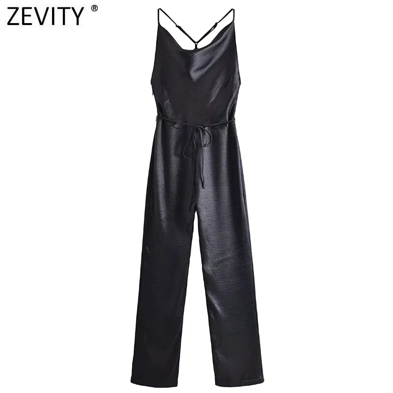 

Zevity Women Sexy Spaghetti Strap Soft Touch Black Satin Jumpsuits Chic Ladies Side Zipper Backless Lace Up Rompers P1267