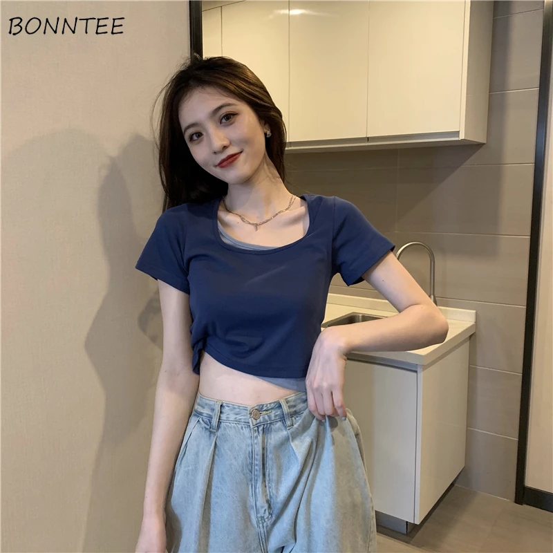 

Short Sleeve T-shirts Women Patchwork Fake Two Piece Breathable Simple Fashion Casual футболка женский Tender Stylish Korean Ins