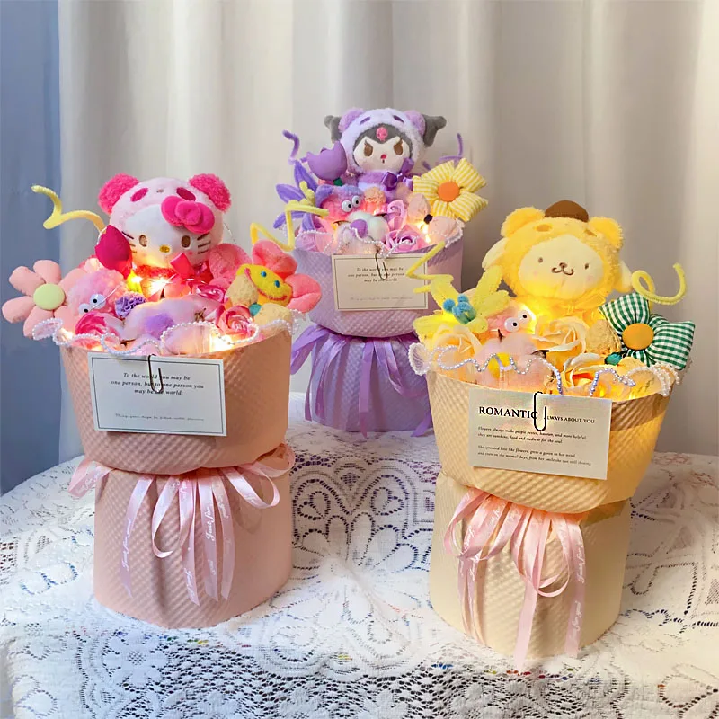 

Kawaii Sanrioed Kuromi Hello Kittys Cinnamoroll Plush Flowers Bouquet Anime Led Light Stuffed Plush Doll Birthday Christmas Gift
