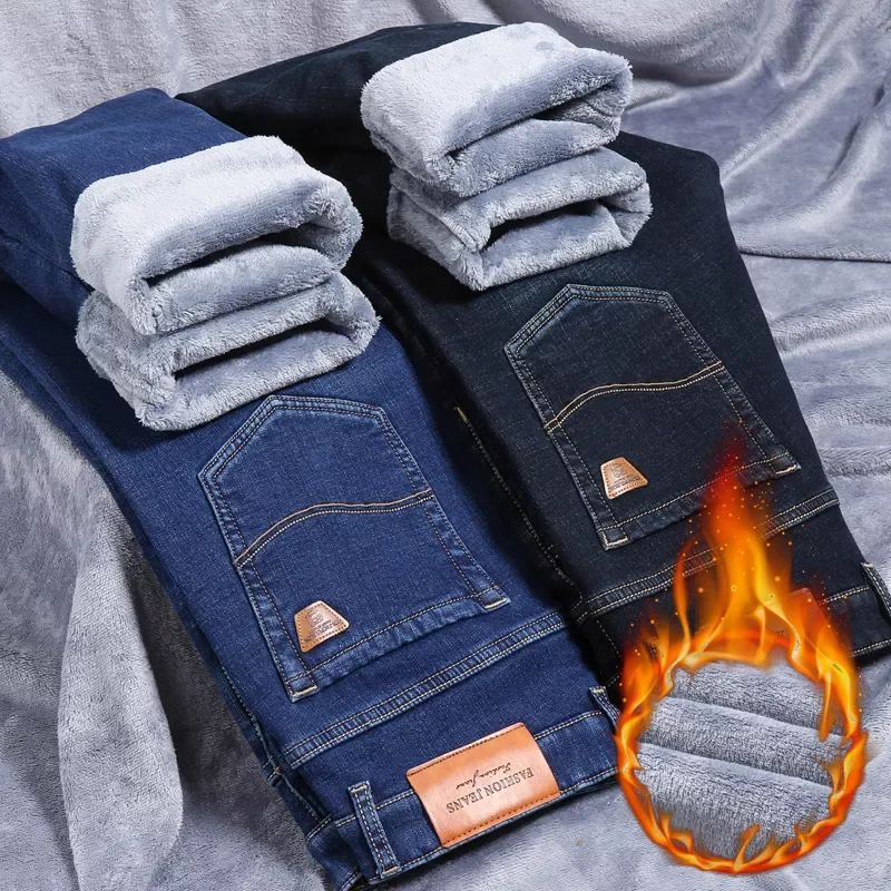 

2022New Men's Fleece Black Blue Jeans 2022 New Business Casual Warm Thicken Slim Fit Stretch Denim Trousers Male Brand Pants