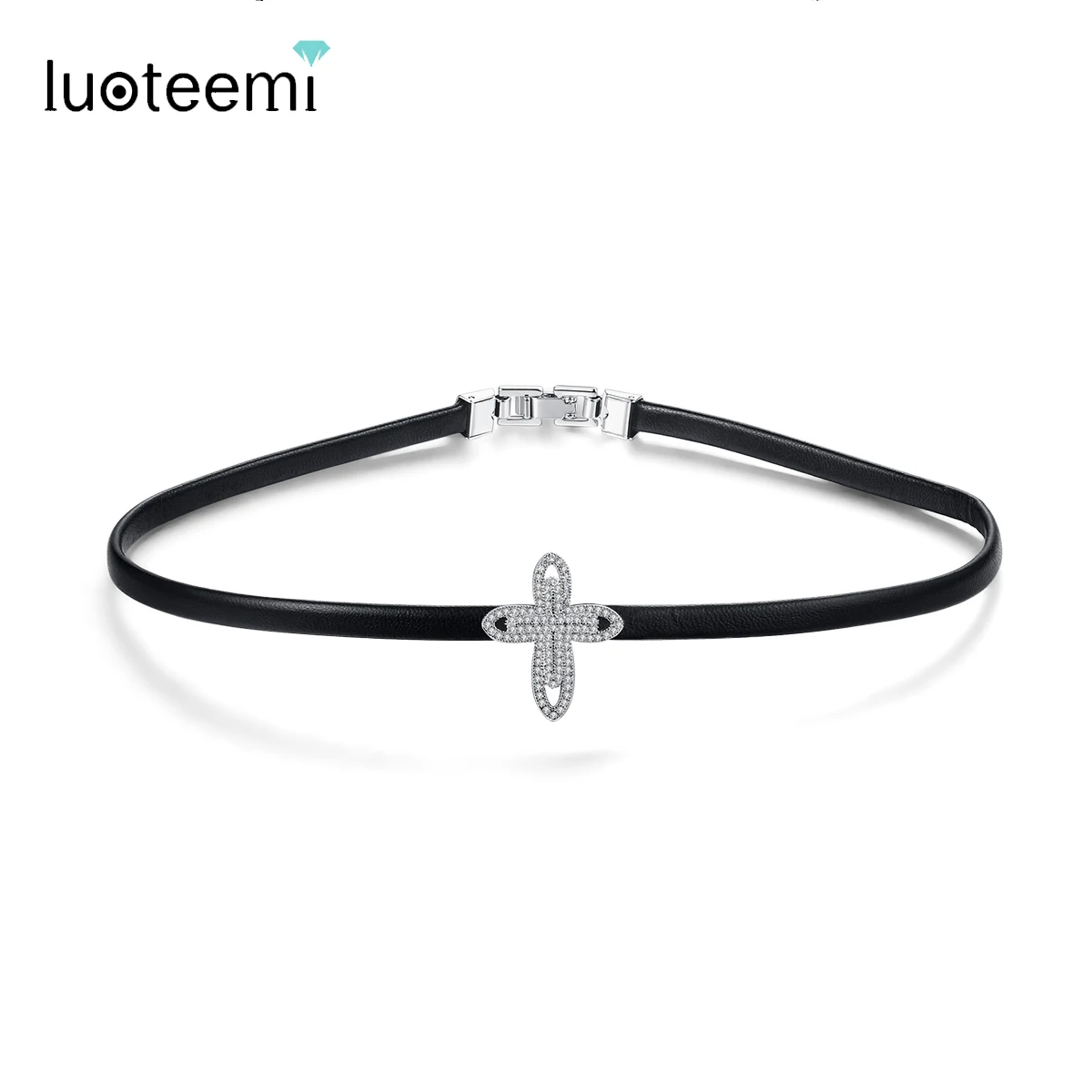 

LUOTEEMI New Punk Gothic Cross Black Leather Choker for Women Goth Cubic Zircons Crystal Sexy Crossese Chokers for Girl Party