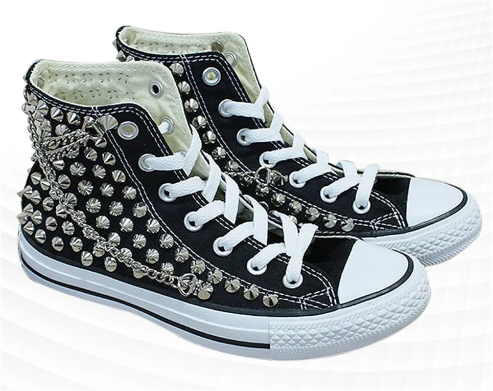 

With chain black high-top rivet canvas shoes street shooting hip-hop handmade rivets Walking Comfort Vulcanized Shoes 35-46