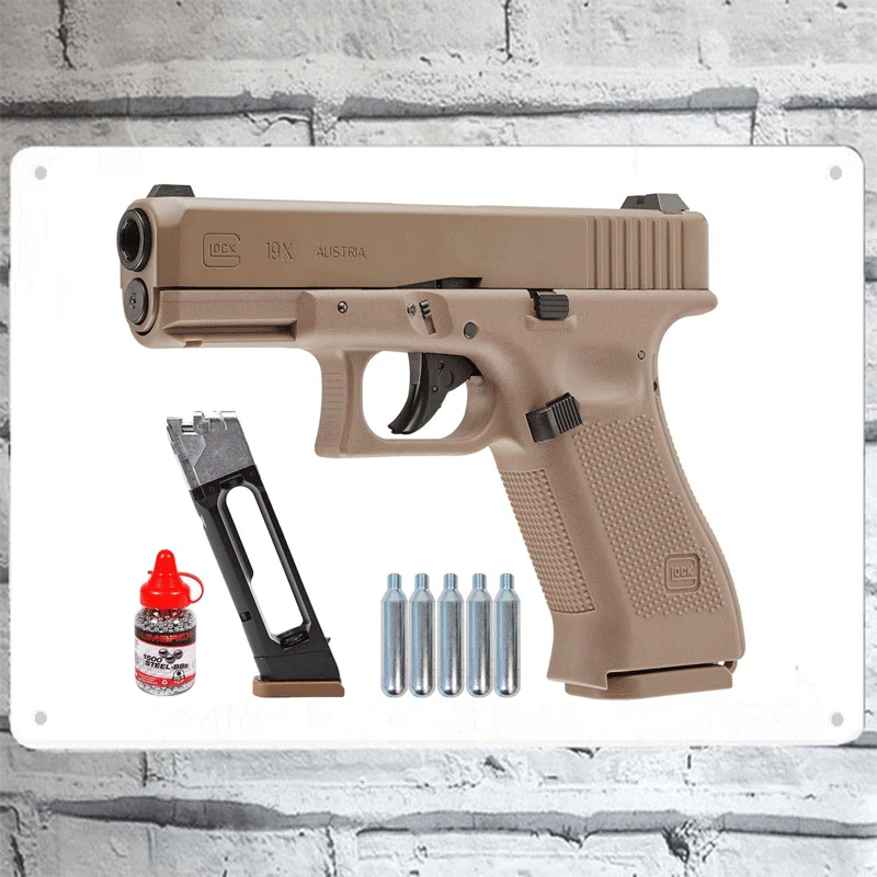 

2022 Wearable4U Glock 19X GEN5 Air with 5x12 CO2 Tanks and Pack of 1500ct Steel BBS Bundle (Tan) Wall tin sign 8*12inch