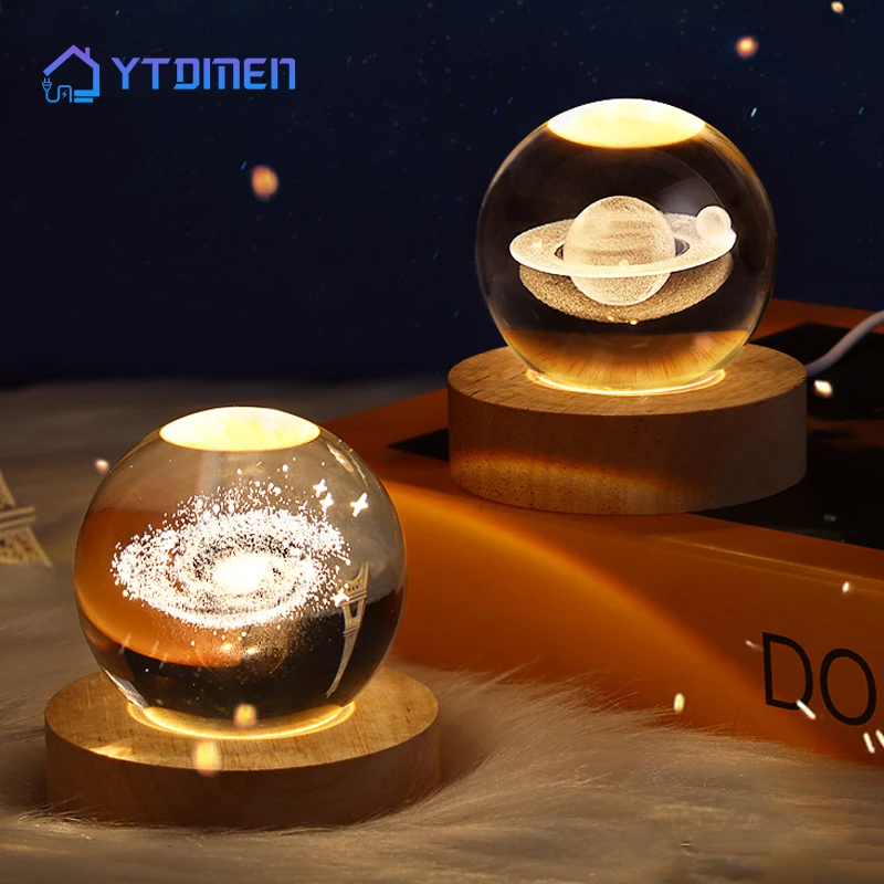 Glowing 3D Crystal Ball Night Lights USB Power Warm Bedside Light With Wood Base for Christmas Kid Gift Room Decor Night Lamp