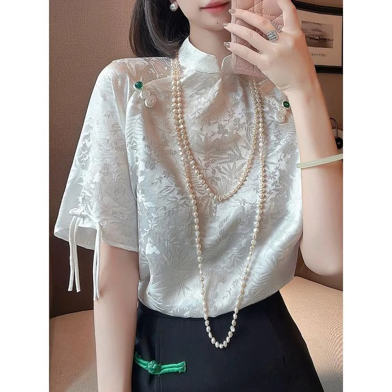 

Винтажная шикарная блузка в китайском стиле, женская элегантная белая атласная рубашка с коротким рукавом, летние шелковые рубашки со шнур...
