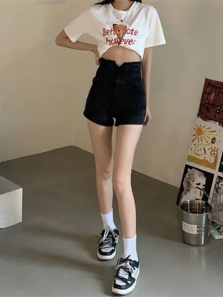 Feynzz's ultra-high waist denim shorts women's summer new thin elastic ins net red a-line hot pants tide section