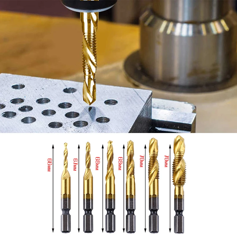 

6PCS HSS Screw Thread Metric & Inch Tap Drill Bits M3-M10 Hex Shank Titanium Plated Cobalt Taps Metric Combination Bit