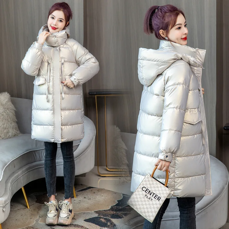

Женские блестящие парки, зимняя куртка, новинка 2022, пальто с капюшоном и хлопковой подкладкой, Корейская парка на хлопковом пуху, свободная ...