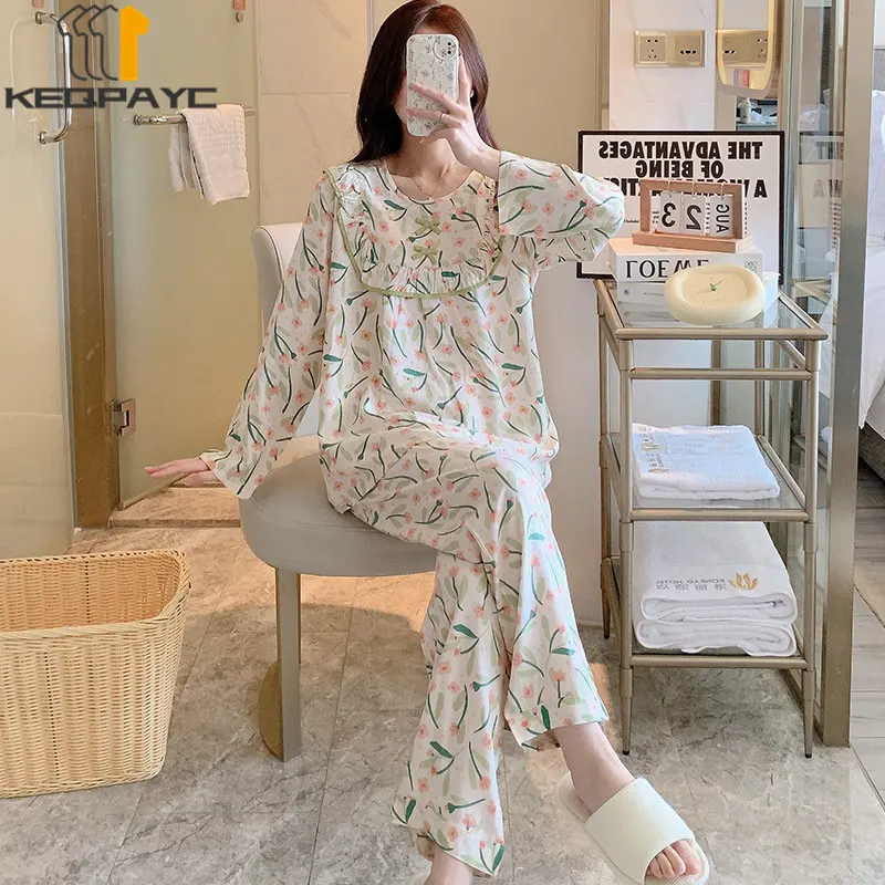 New 2023 Spring Autumn Women's Long Sleeve Thin Pajamas Sleepwear Women Sweet Cartoon Loungewear Casual Nightwear Clothing Sets