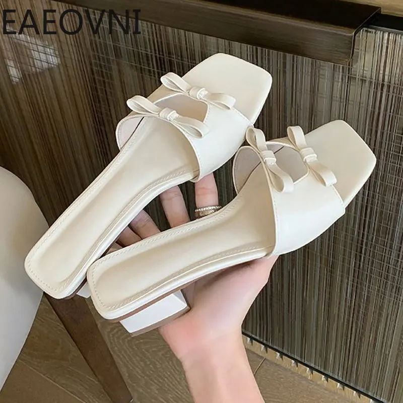 

2023 Summer New Brand Women Slipper Fashion Bowtie Slip On Sandal Low Square Heel Outdoor Casual Beach Slides Shoes Flip Flop