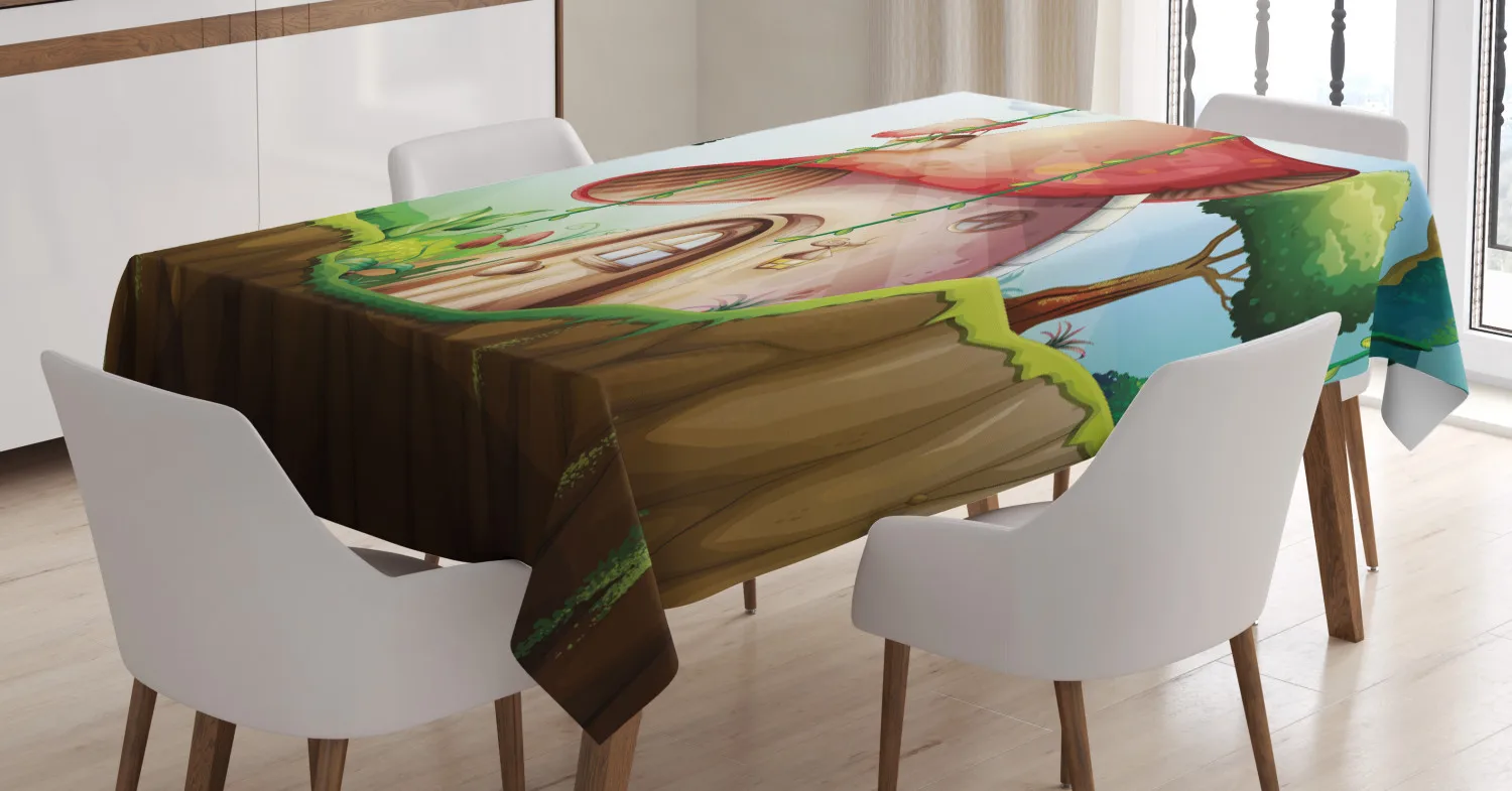 Скатерть с мультяшным рисунком грибного дома в тропическом лесу тканевая