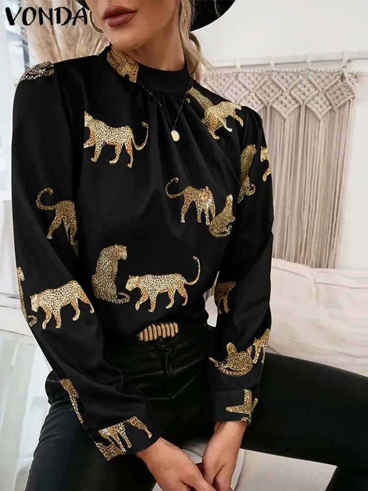 

VONDA Stylish Femininas Printed Puff Sleeve Chemise Femme Long Sleeve Pleated Blusas Women Fashion O Neck Blouse Tops Oversized