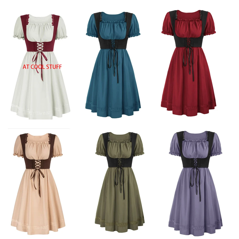 

Women Renaissance Gothic Dress Vintage Short sleeves Medieval Celtic Costume Oktoberfest Corset waist Fancy Dress Western Style