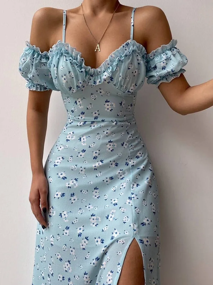 Sexy Sling Ruffle Strapless Slit Party Dress Women Spring Floral Print Slim Dress Summer Elegant Off Shoulder V Neck Long Dress