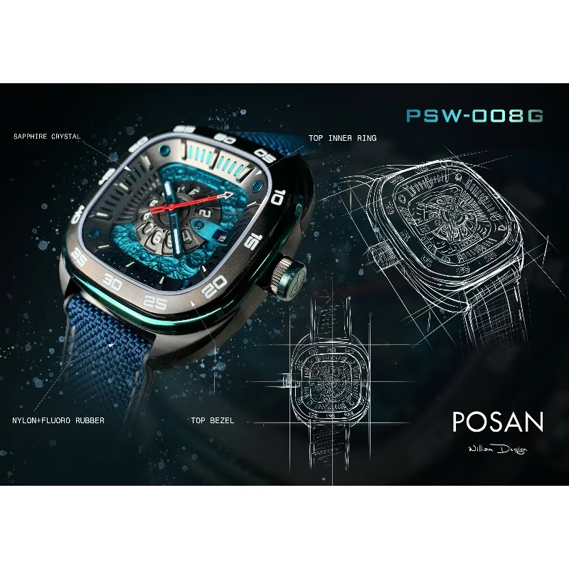 Фото Новые роскошные мужские механические часы POSAN PSW-008G, сапфировое стекло с антибликовым покрытием, титановый корпус, водонепроницаемость до 100 м. №5