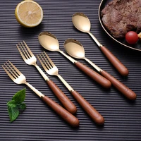 retro wood grain handle stainless steel dessert spoon fruit salad fork golden western cutlery mirror polished kitchen tableware