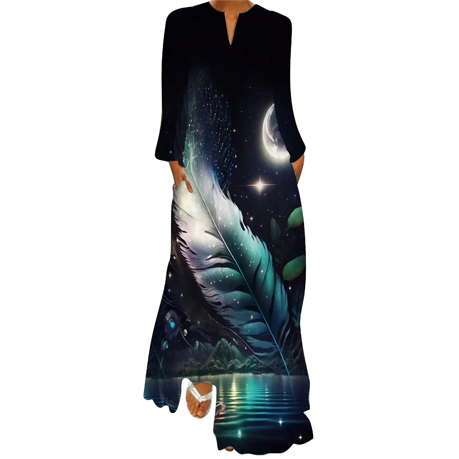 

Женское пляжное платье-рубашка с цветочным принтом, V-образным вырезом и молнией сзади